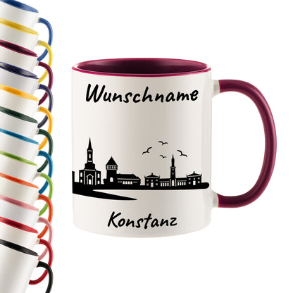 Tasse in Bordeauxrot 330ml bedruckt mit der Skyline von Konstanz personalisierbar mit Wunschname
