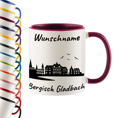 Tasse in Bordeauxrot 330ml bedruckt mit der Skyline von Bergisch Gladbach personalisierbar mit Wunschname