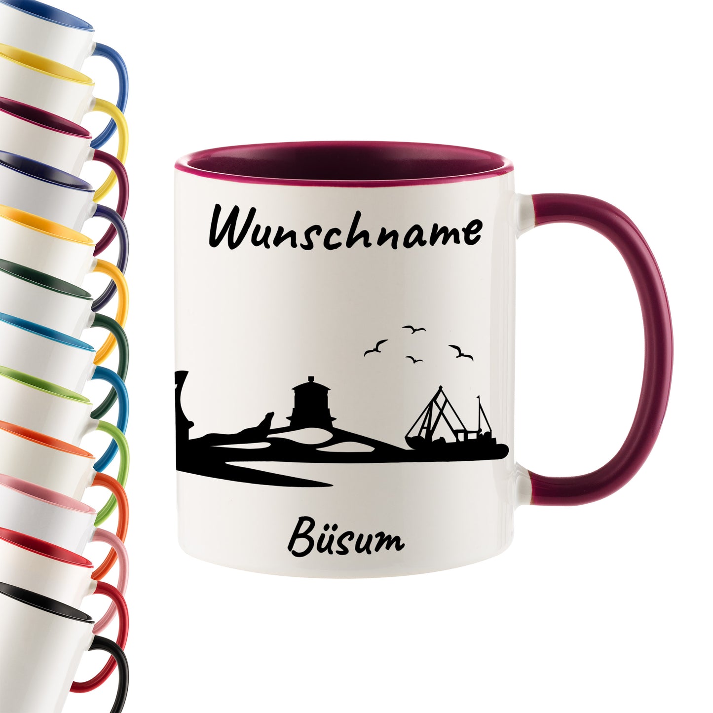 Tasse in Bordeauxrot 330ml bedruckt mit der Skyline von Büsum personalisierbar mit Wunschname