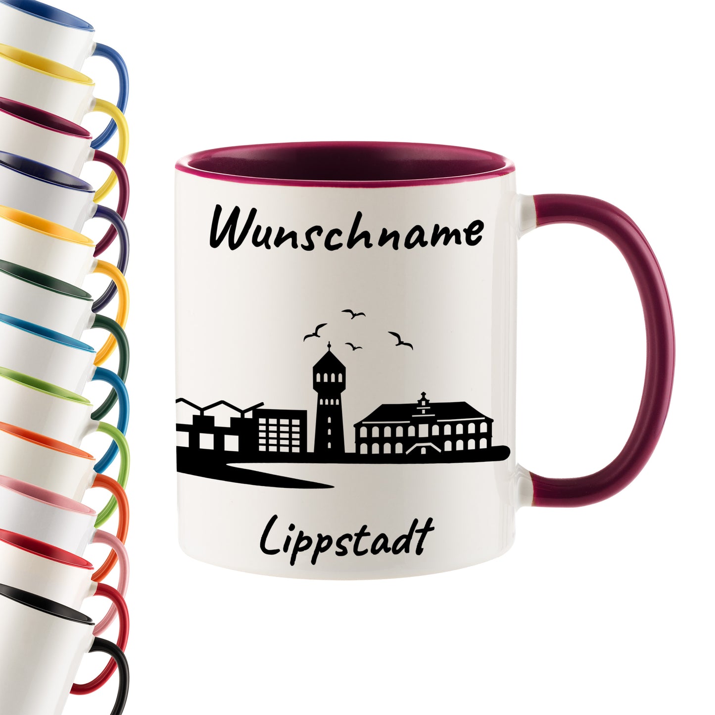 Tasse in Bordeauxrot 330ml bedruckt mit der Skyline von Lippstadt personalisierbar mit Wunschname