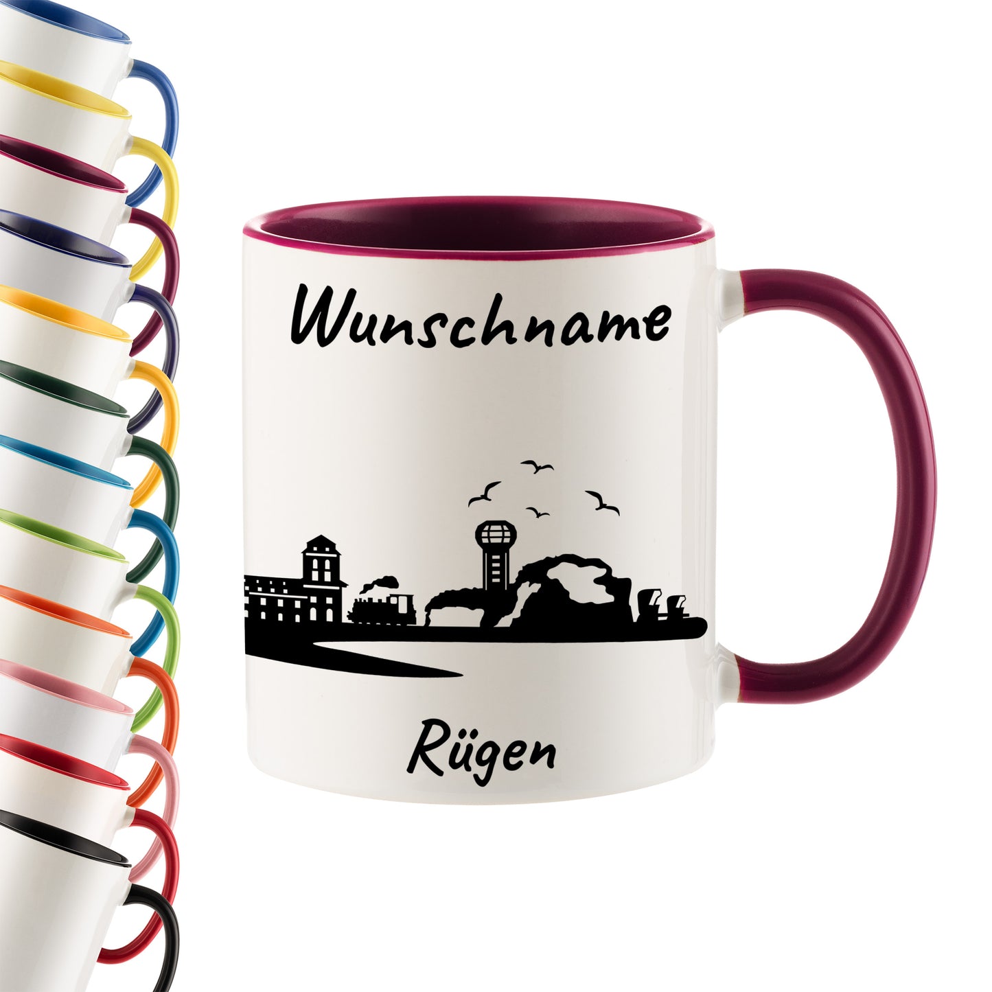 Tasse in Bordeauxrot 330ml bedruckt mit der Skyline von Rügen personalisierbar mit Wunschname