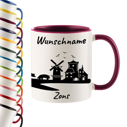Tasse in Bordeauxrot 330ml bedruckt mit der Skyline von Zons (Dormagen) personalisierbar mit Wunschname
