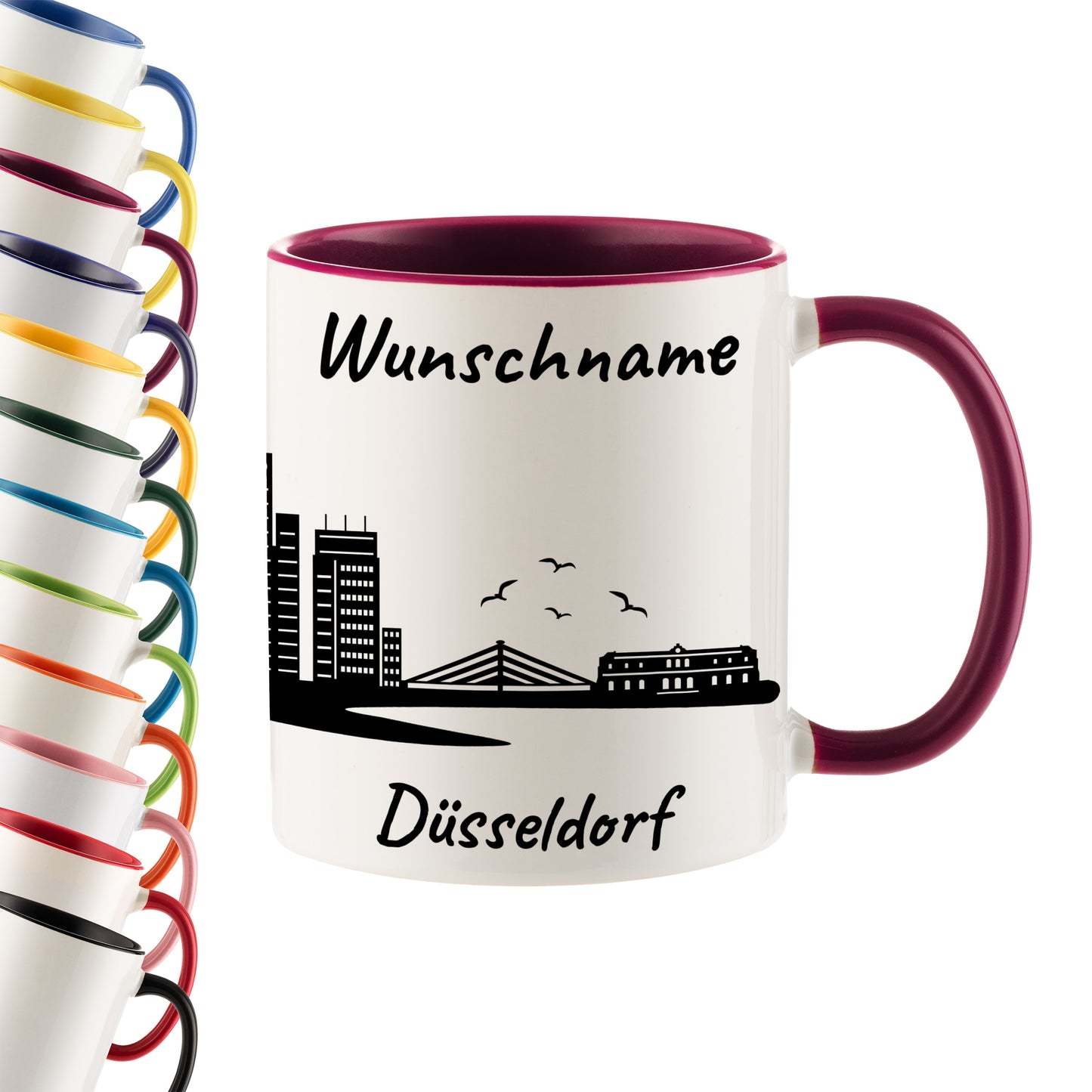 Tasse in Bordeauxrot 330ml bedruckt mit der Skyline von Düsseldorf personalisierbar mit Wunschname