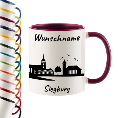 Tasse in Bordeauxrot 330ml bedruckt mit der Skyline von Siegburg personalisierbar mit Wunschname