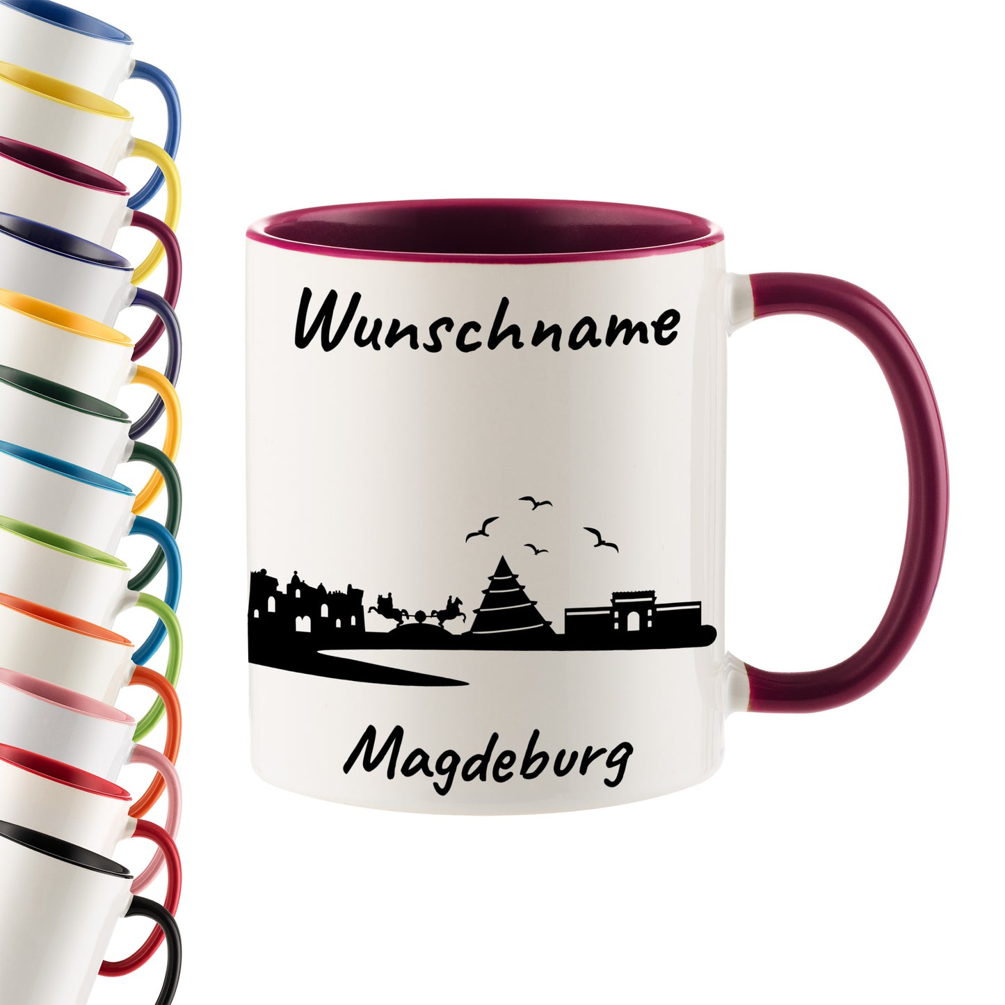 Tasse in Bordeauxrot 330ml bedruckt mit der Skyline von Magdeburg personalisierbar mit Wunschname