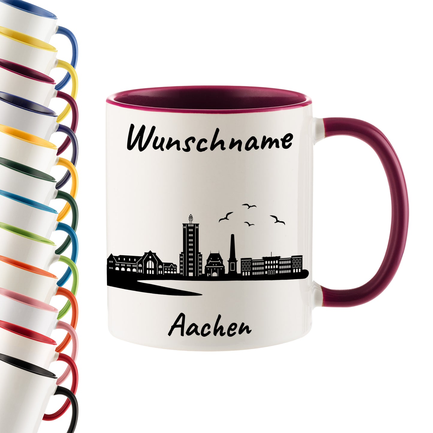 Tasse in Bordeauxrot 330ml bedruckt mit der Skyline von Aachen personalisierbar mit Wunschname