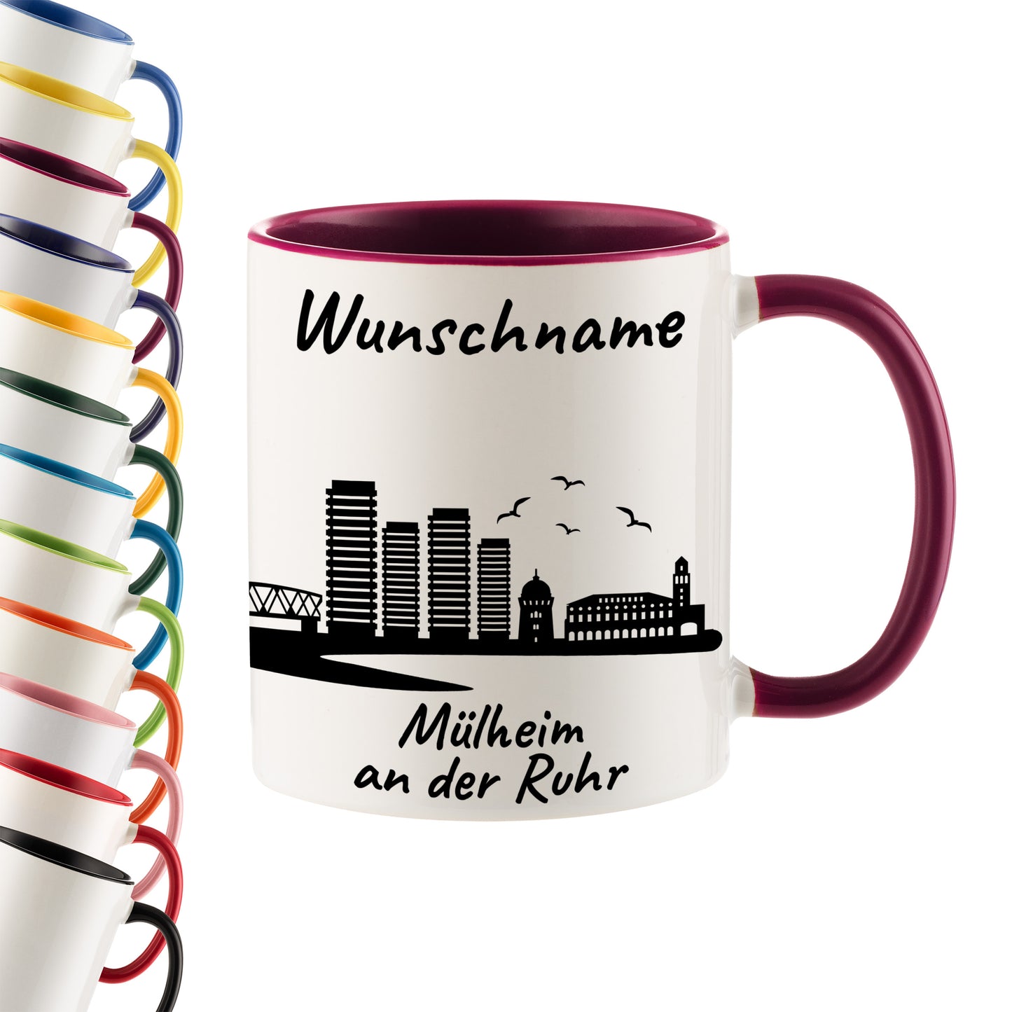 Tasse in Bordeauxrot 330ml bedruckt mit der Skyline von Mülheim an der Ruhr personalisierbar mit Wunschname