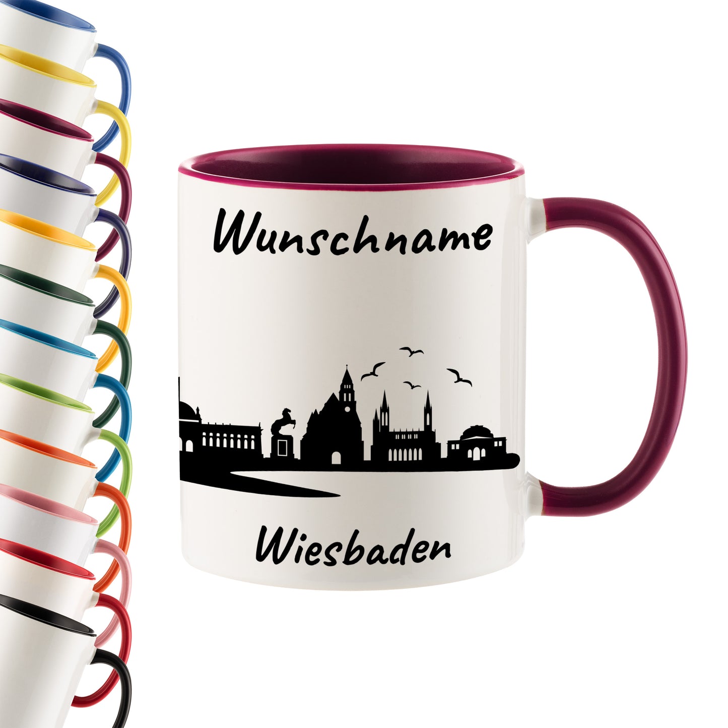 Tasse in Bordeauxrot 330ml bedruckt mit der Skyline von Wiesbaden personalisierbar mit Wunschname