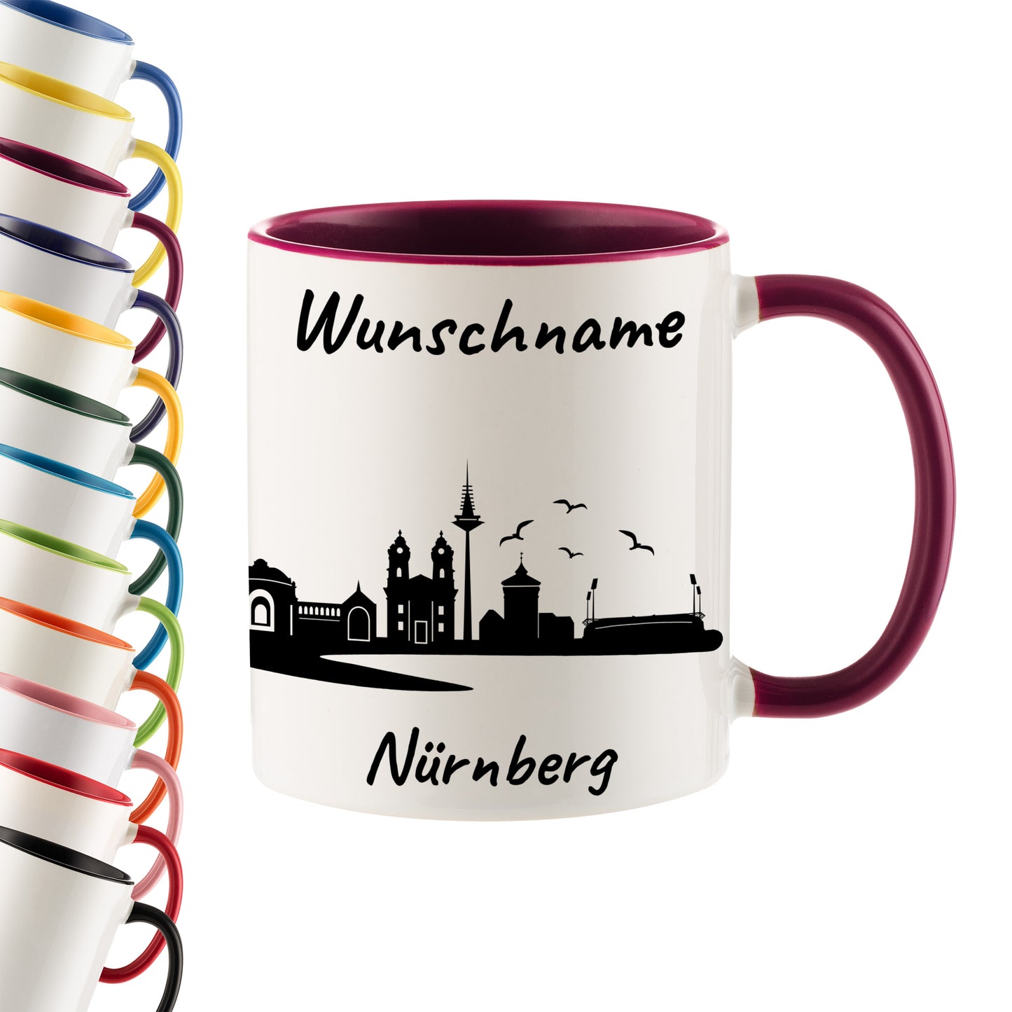 Tasse in Bordeauxrot 330ml bedruckt mit der Skyline von Nürnberg personalisierbar mit Wunschname