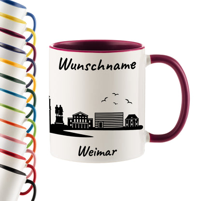 Tasse in Bordeauxrot 330ml bedruckt mit der Skyline von Weimar personalisierbar mit Wunschname