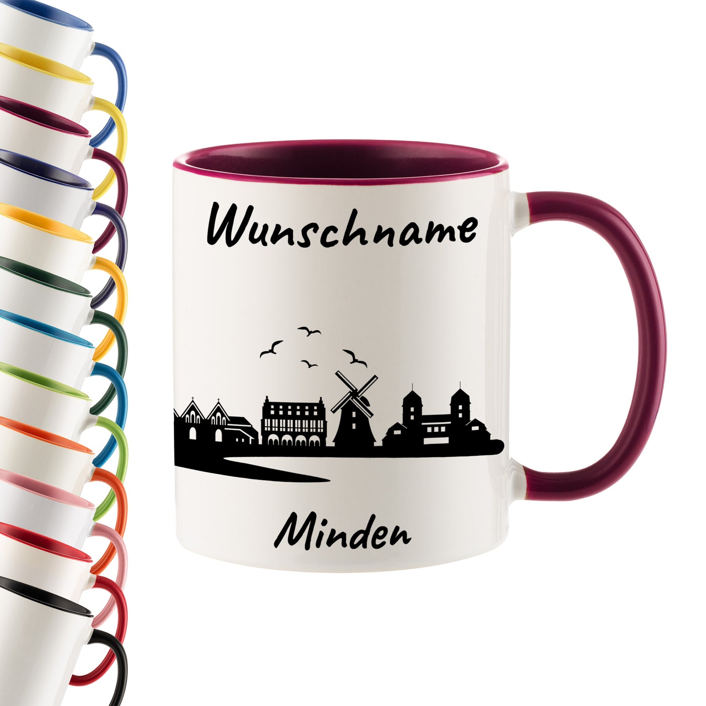 Tasse in Bordeauxrot 330ml bedruckt mit der Skyline von Minden personalisierbar mit Wunschname
