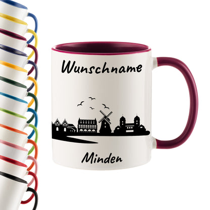 Tasse in Bordeauxrot 330ml bedruckt mit der Skyline von Minden personalisierbar mit Wunschname