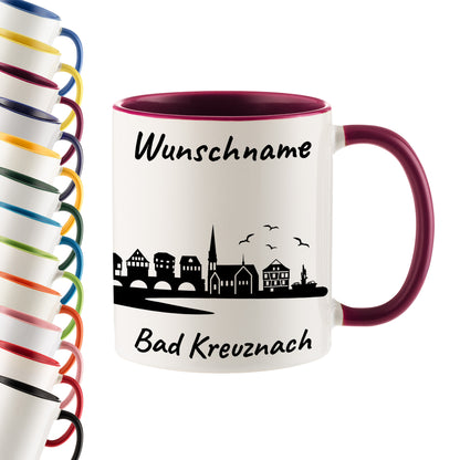 Tasse in Bordeauxrot 330ml bedruckt mit der Skyline von Bad Kreuznach personalisierbar mit Wunschname