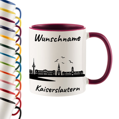 Tasse in Bordeauxrot 330ml bedruckt mit der Skyline von Kaiserslautern personalisierbar mit Wunschname