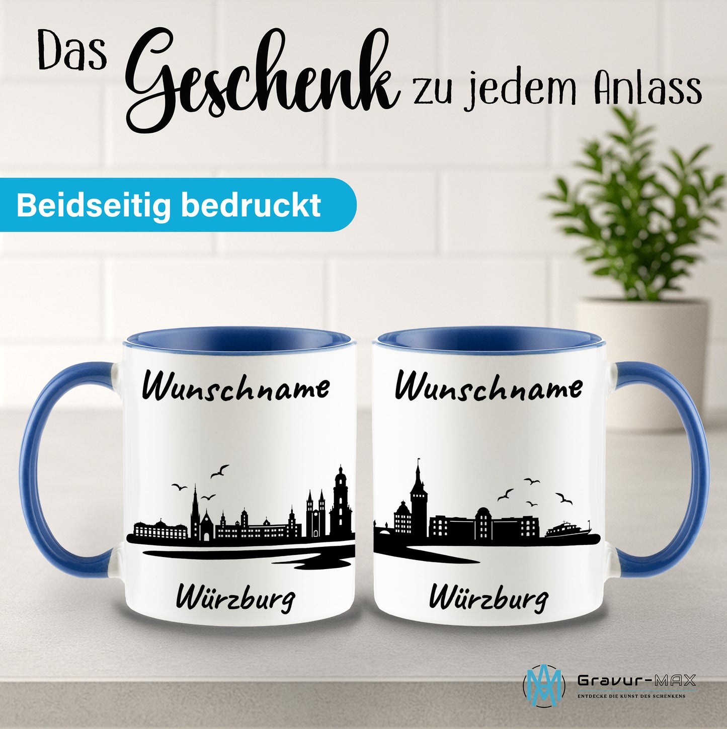 Tasse in Cambridge Blau 330ml bedruckt mit der Skyline von Würzburg personalisierbar mit Wunschname