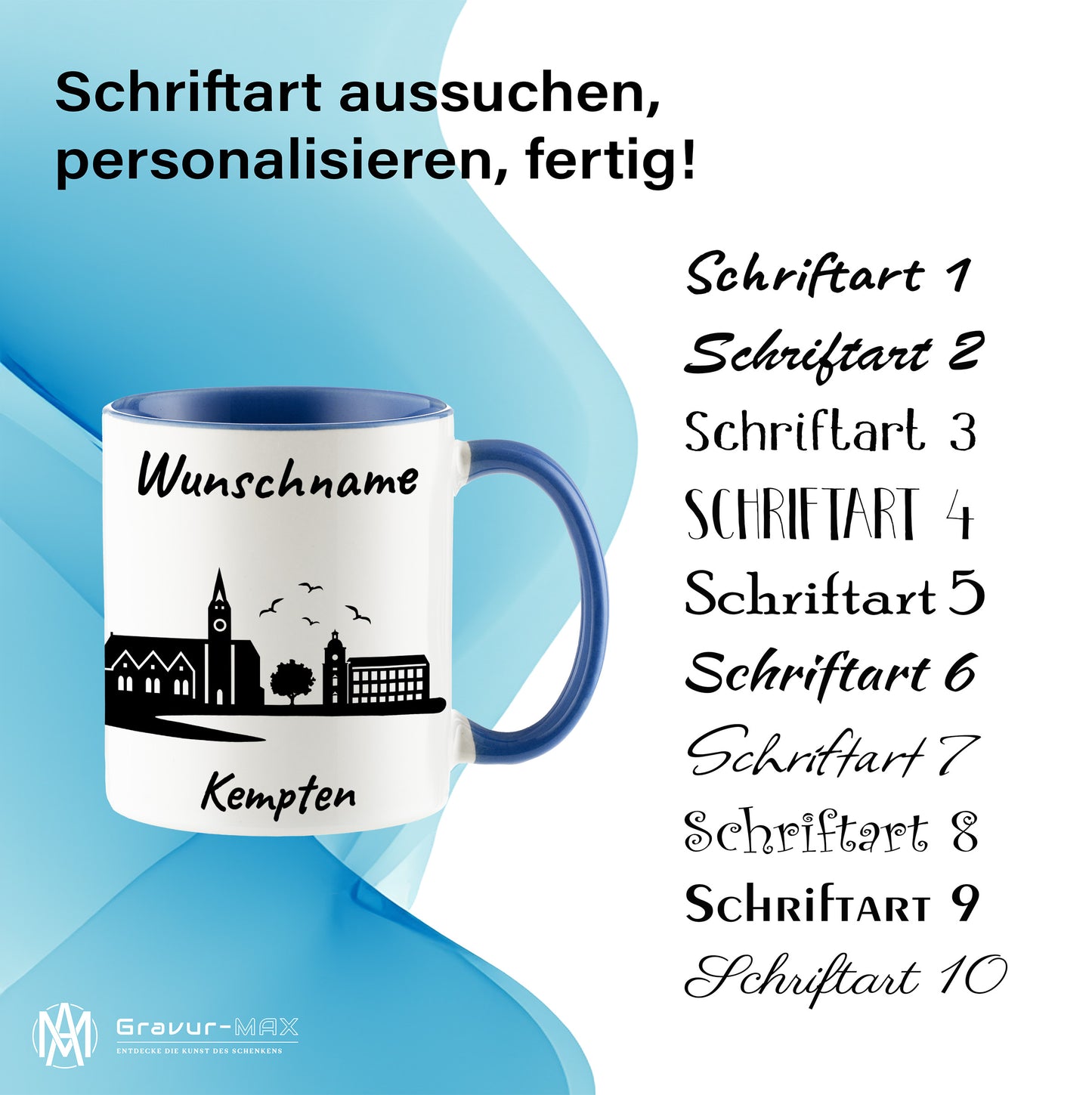 Tasse in Cambridge Blau 330ml bedruckt mit der Skyline von Kempten personalisierbar mit Wunschname