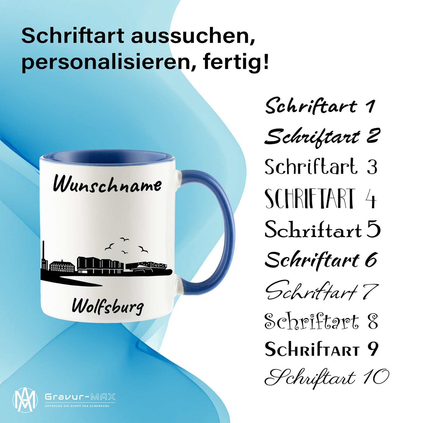 Tasse in Cambridge Blau 330ml bedruckt mit der Skyline von Wolfsburg personalisierbar mit Wunschname