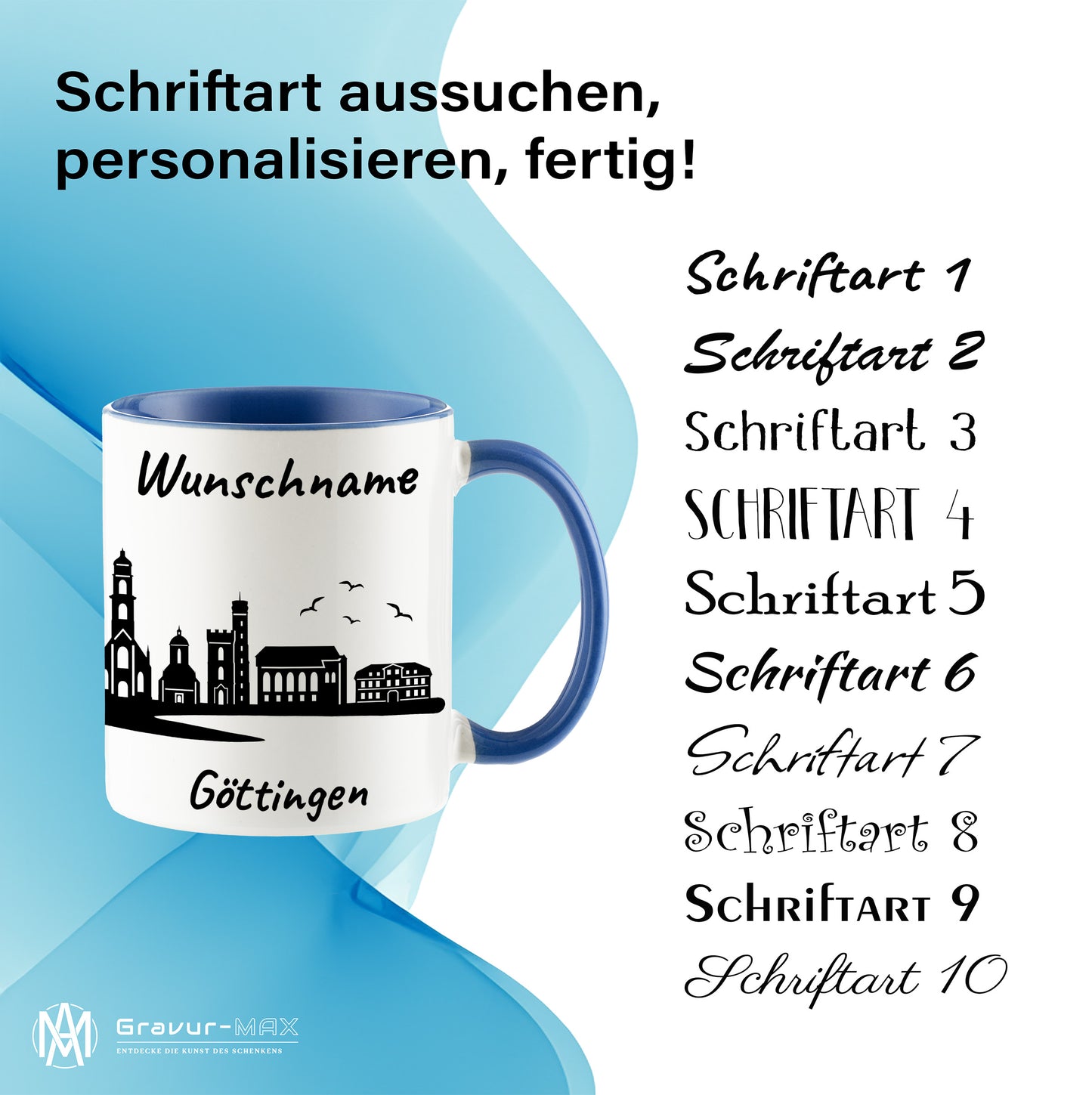 Tasse in Cambridge Blau 330ml bedruckt mit der Skyline von Göttingen personalisierbar mit Wunschname