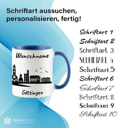 Tasse in Cambridge Blau 330ml bedruckt mit der Skyline von Göttingen personalisierbar mit Wunschname