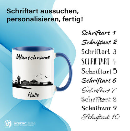 Tasse in Cambridge Blau 330ml bedruckt mit der Skyline von Halle personalisierbar mit Wunschname