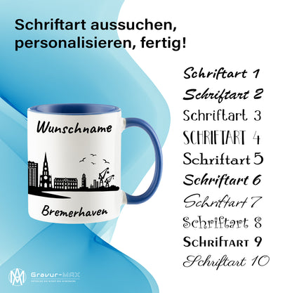 Tasse in Cambridge Blau 330ml bedruckt mit der Skyline von Bremerhaven personalisierbar mit Wunschname