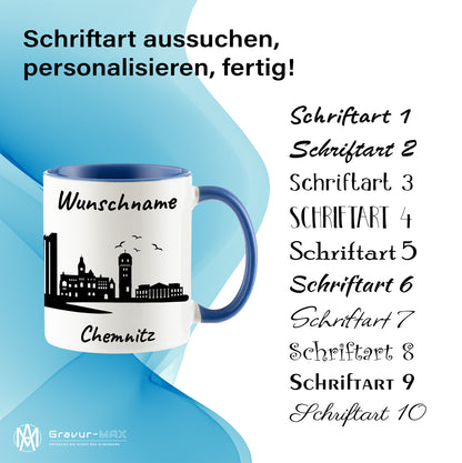 Tasse in Cambridge Blau 330ml bedruckt mit der Skyline von Chemnitz personalisierbar mit Wunschname