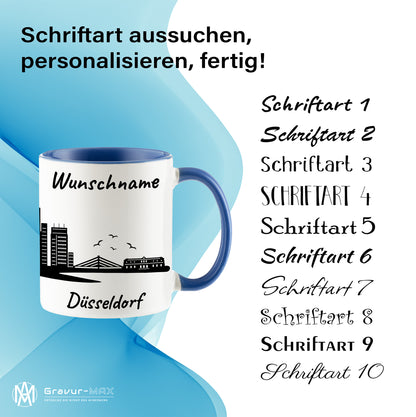 Tasse in Cambridge Blau 330ml bedruckt mit der Skyline von Düsseldorf personalisierbar mit Wunschname