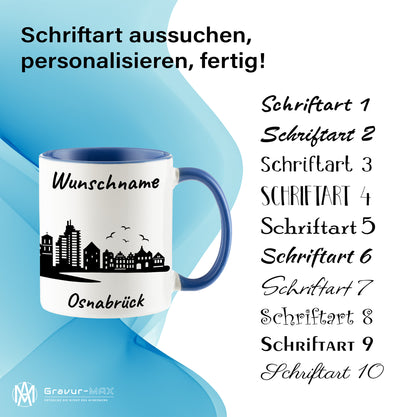 Tasse in Cambridge Blau 330ml bedruckt mit der Skyline von Osnabrück personalisierbar mit Wunschname