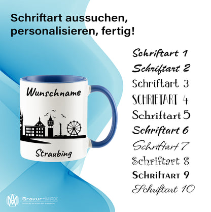 Tasse in Cambridge Blau 330ml bedruckt mit der Skyline von Straubing personalisierbar mit Wunschname