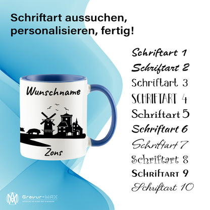 Tasse in Cambridge Blau 330ml bedruckt mit der Skyline von Zons (Dormagen) personalisierbar mit Wunschname