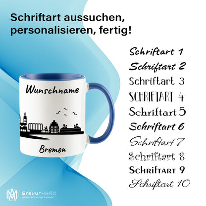 Tasse in Cambridge Blau 330ml bedruckt mit der Skyline von Bremen personalisierbar mit Wunschname