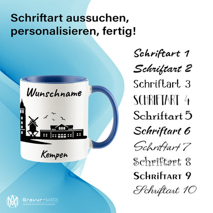 Tasse in Cambridge Blau 330ml bedruckt mit der Skyline von Kempen personalisierbar mit Wunschname