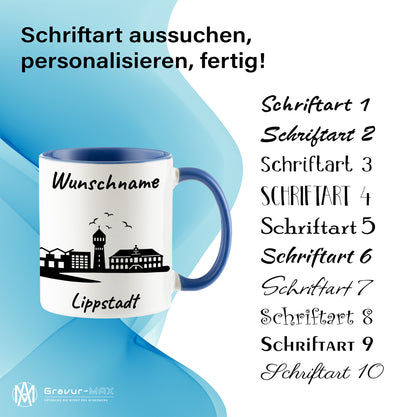 Tasse in Cambridge Blau 330ml bedruckt mit der Skyline von Lippstadt personalisierbar mit Wunschname