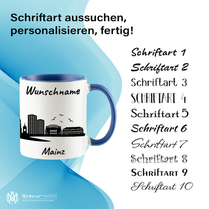 Tasse in Cambridge Blau 330ml bedruckt mit der Skyline von Mainz personalisierbar mit Wunschname