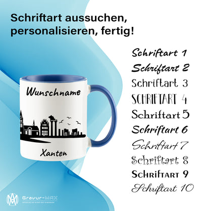 Tasse in Cambridge Blau 330ml bedruckt mit der Skyline von Xanten personalisierbar mit Wunschname