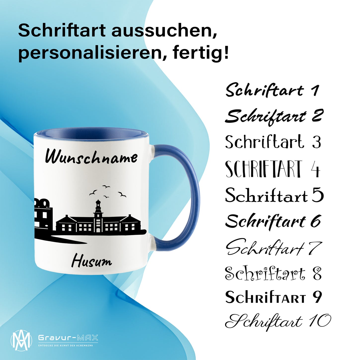Tasse in Cambridge Blau 330ml bedruckt mit der Skyline von Husum personalisierbar mit Wunschname