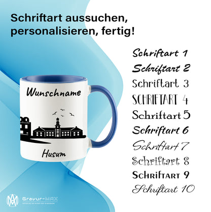 Tasse in Cambridge Blau 330ml bedruckt mit der Skyline von Husum personalisierbar mit Wunschname