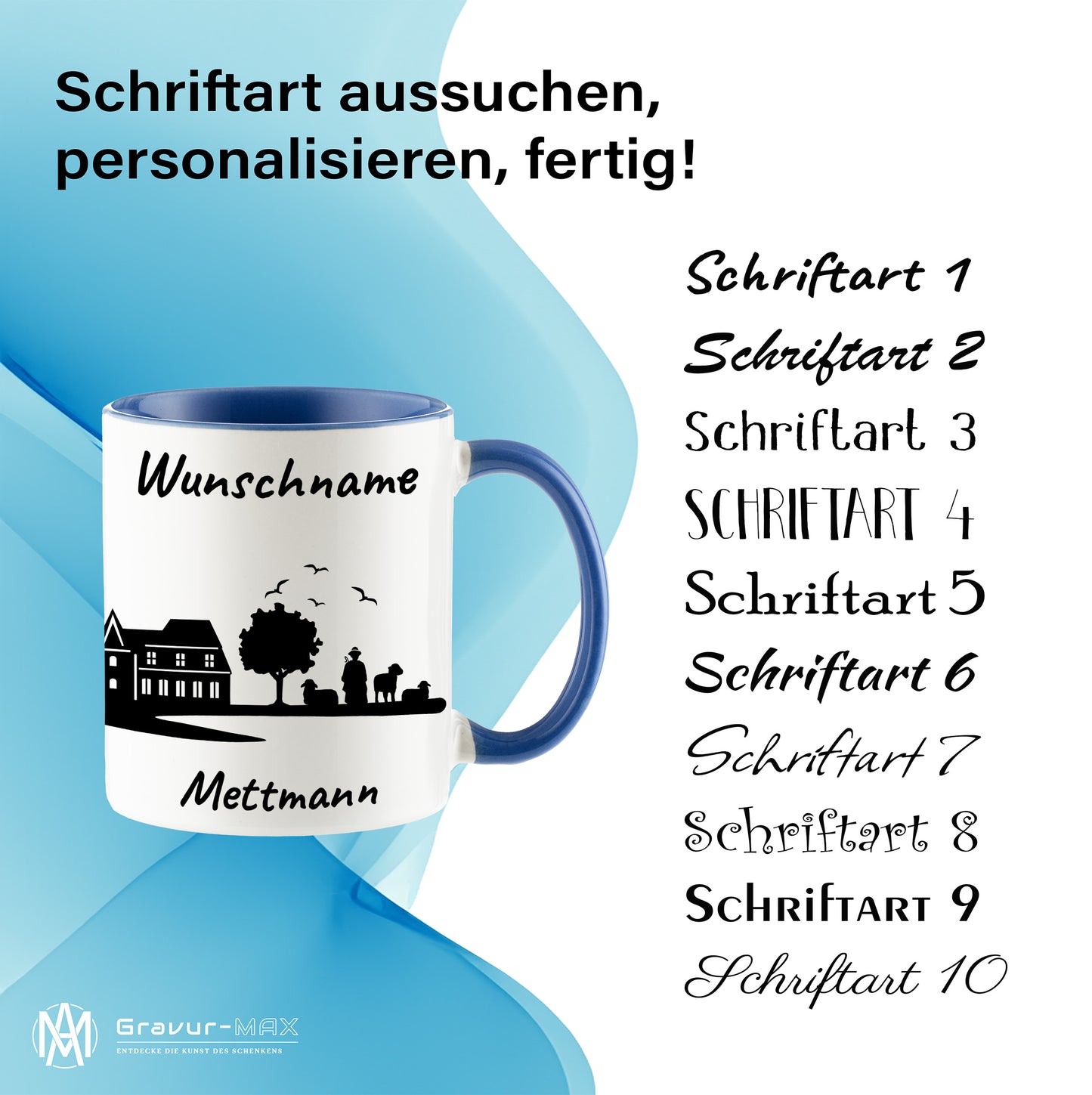 Tasse in Cambridge Blau 330ml bedruckt mit der Skyline von Mettmann personalisierbar mit Wunschname
