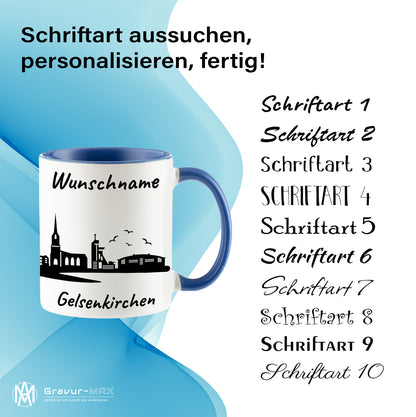 Tasse in Cambridge Blau 330ml bedruckt mit der Skyline von Gelsenkirchen personalisierbar mit Wunschname