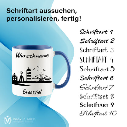 Tasse in Cambridge Blau 330ml bedruckt mit der Skyline von Greetsiel personalisierbar mit Wunschname