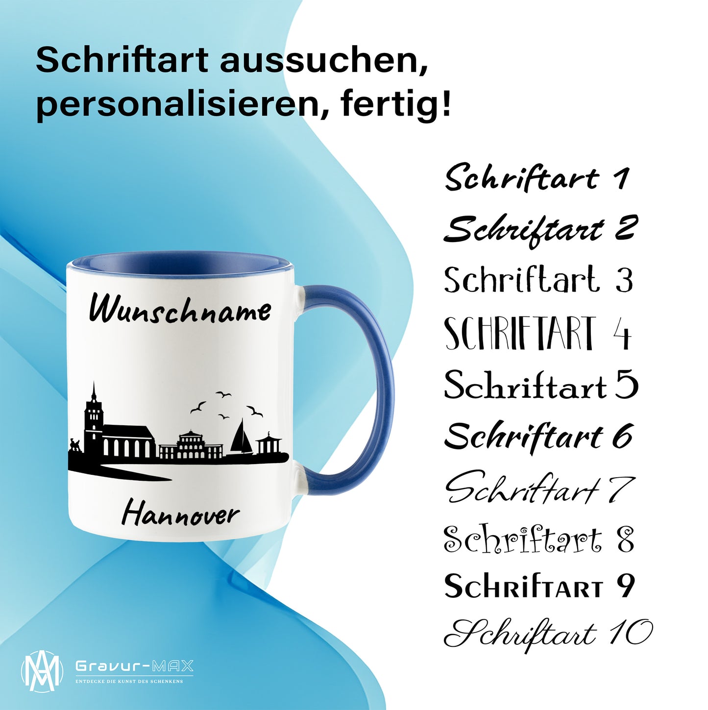 Tasse in Cambridge Blau 330ml bedruckt mit der Skyline von Hannover personalisierbar mit Wunschname