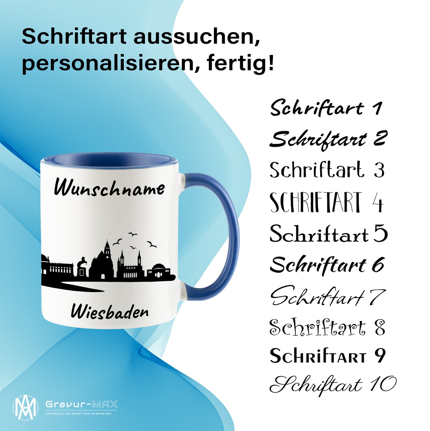 Tasse in Cambridge Blau 330ml bedruckt mit der Skyline von Wiesbaden personalisierbar mit Wunschname