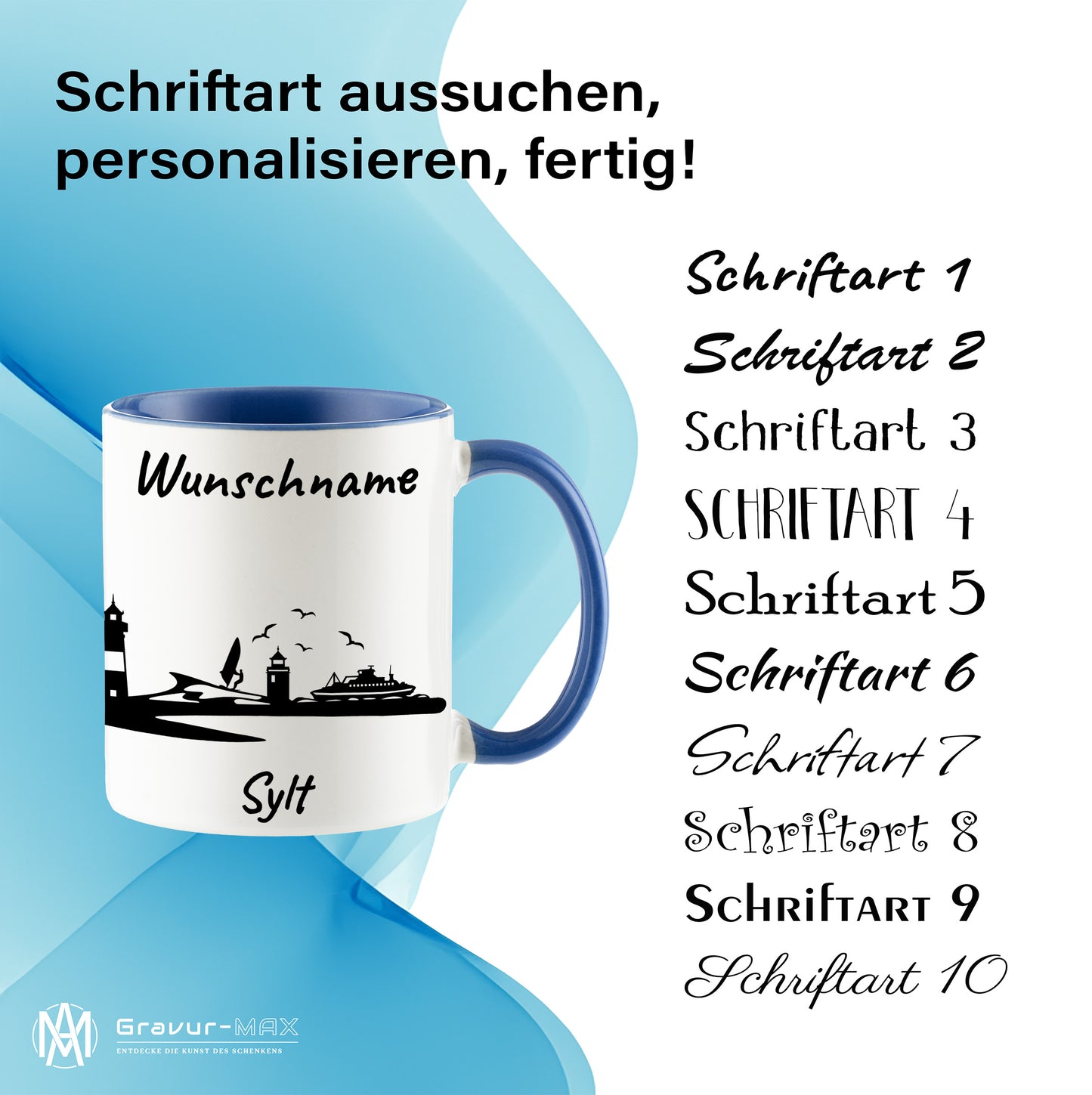 Tasse in Cambridge Blau 330ml bedruckt mit der Skyline von Sylt personalisierbar mit Wunschname