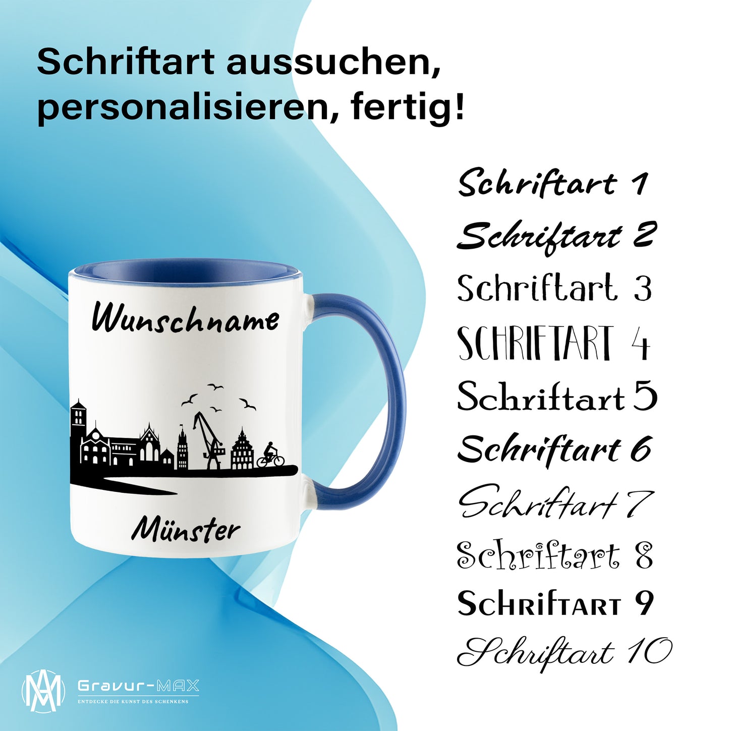 Tasse in Cambridge Blau 330ml bedruckt mit der Skyline von Münster personalisierbar mit Wunschname