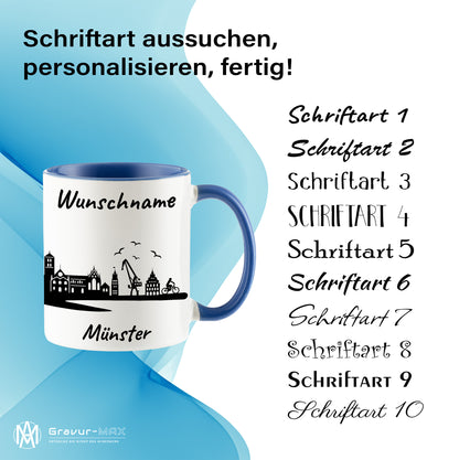 Tasse in Cambridge Blau 330ml bedruckt mit der Skyline von Münster personalisierbar mit Wunschname