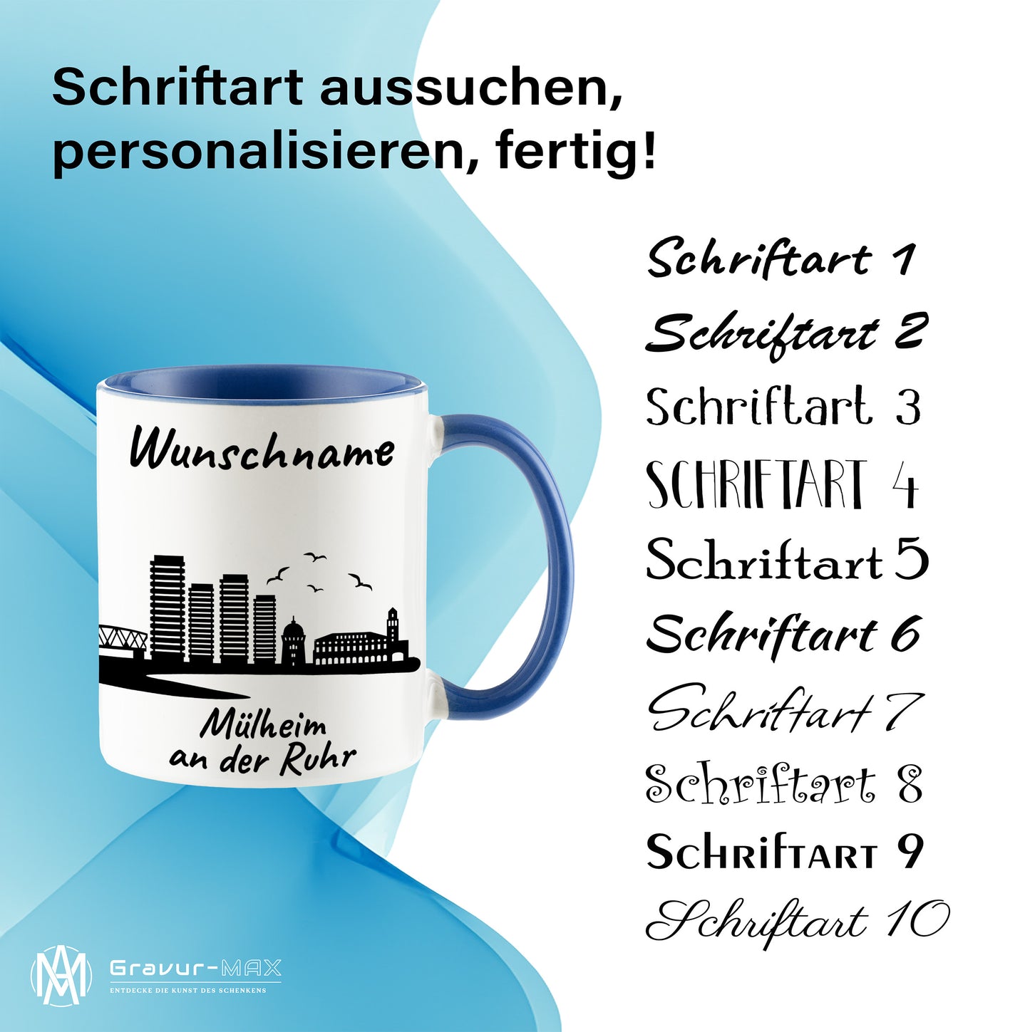 Tasse in Cambridge Blau 330ml bedruckt mit der Skyline von Mülheim an der Ruhr personalisierbar mit Wunschname