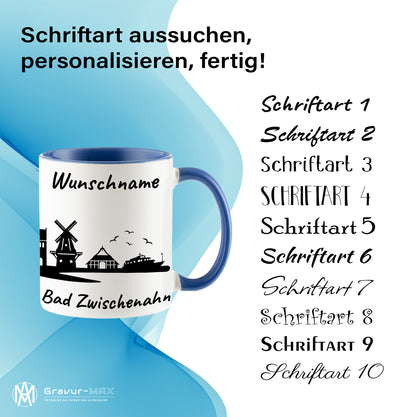 Tasse in Cambridge Blau 330ml bedruckt mit der Skyline von Bad Zwischenahn personalisierbar mit Wunschname
