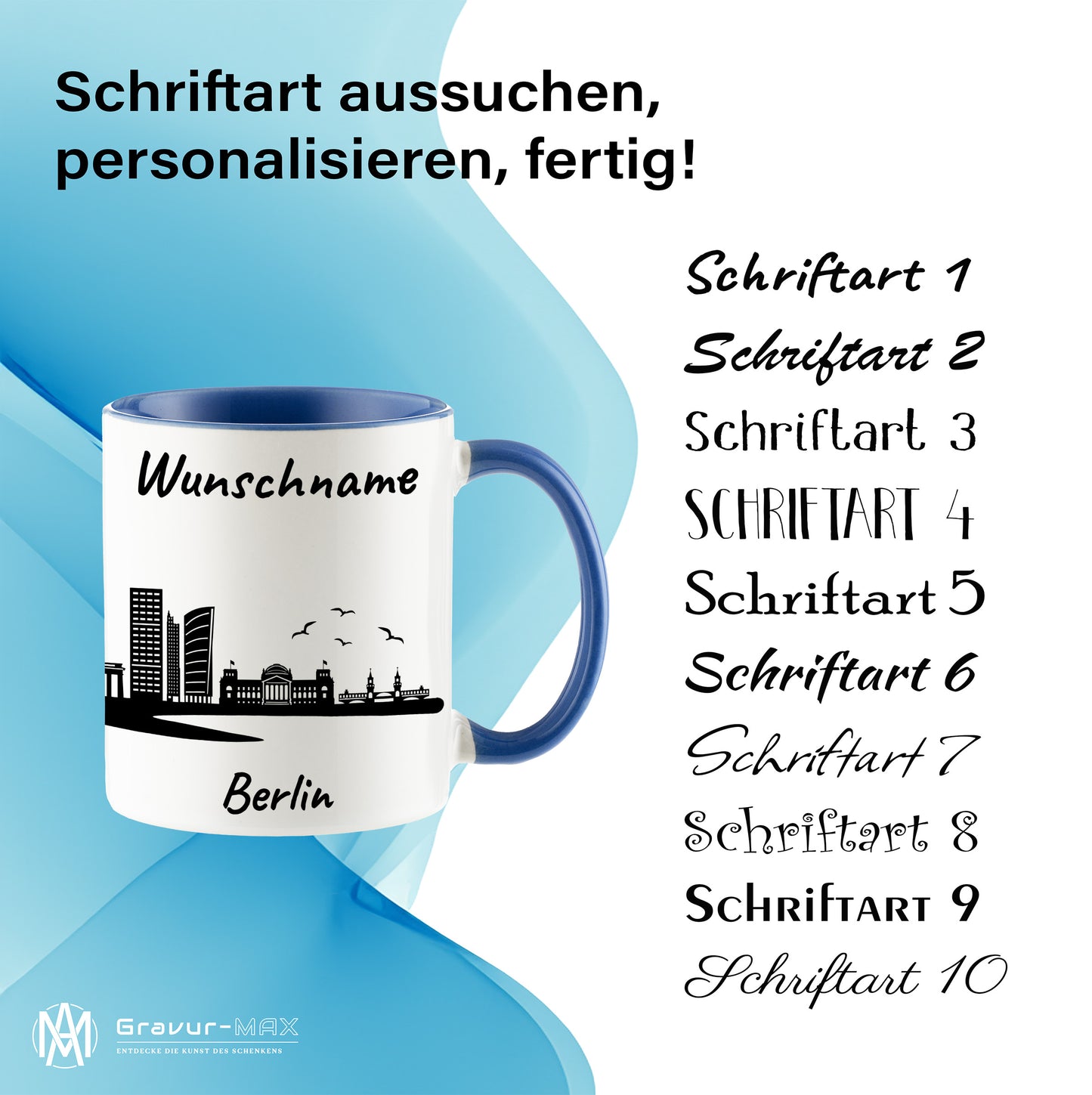 Tasse in Cambridge Blau 330ml bedruckt mit der Skyline von Berlin personalisierbar mit Wunschname