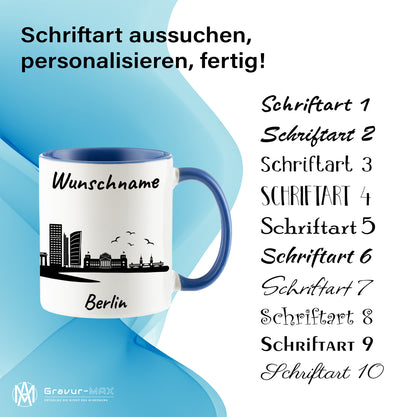 Tasse in Cambridge Blau 330ml bedruckt mit der Skyline von Berlin personalisierbar mit Wunschname