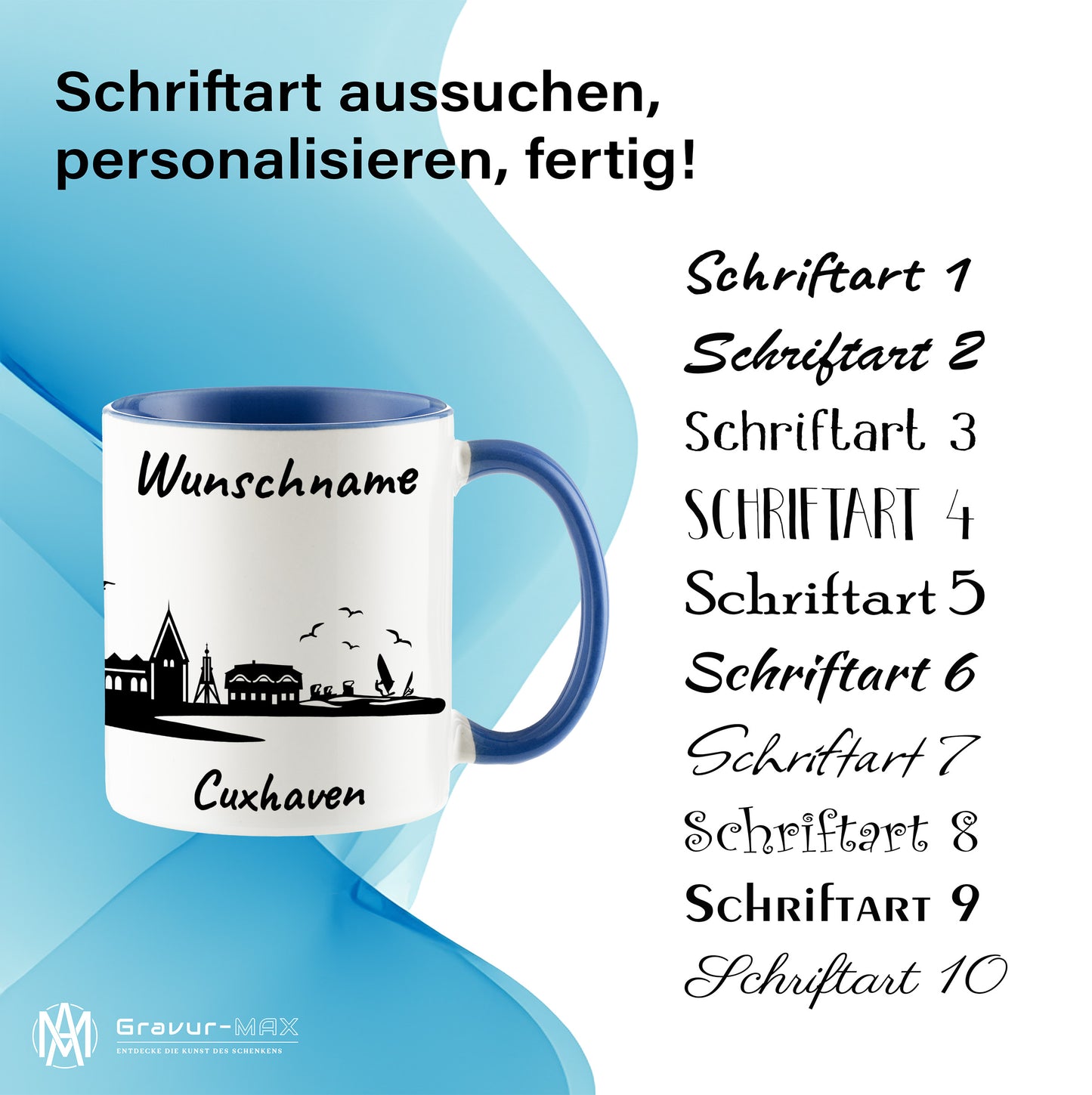 Tasse in Cambridge Blau 330ml bedruckt mit der Skyline von Cuxhaven personalisierbar mit Wunschname